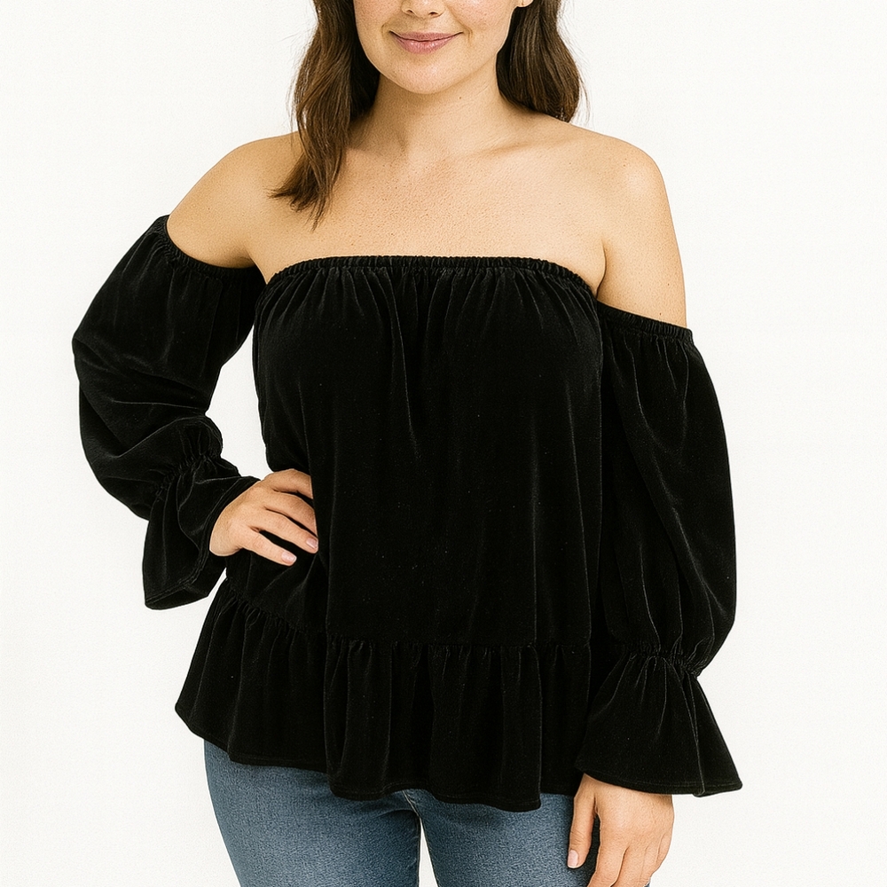 MISA Los Angeles Black Velvet Off Shoulder Blouse Ruffle
